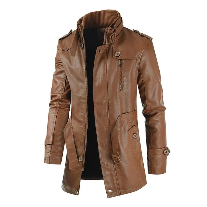 Lange und elegante Leder-Motorradjacke