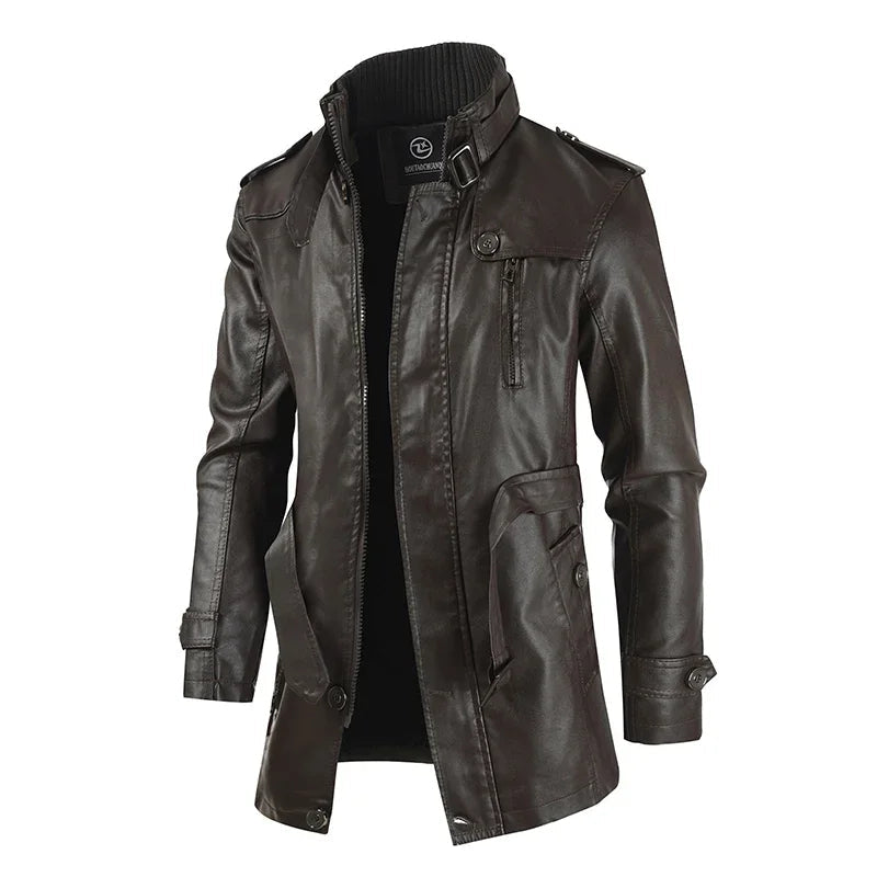 Lange und elegante Leder-Motorradjacke