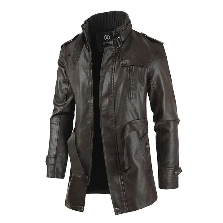 Lange und elegante Leder-Motorradjacke